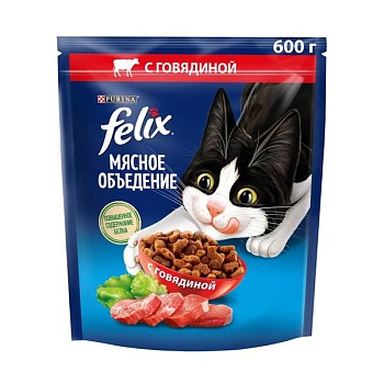 Felix Мясное объедение сухой корм для взрослых кошек, с говядиной 600г купить  зоотовары для животных