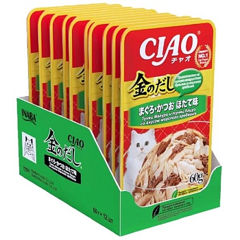 INABA Ciao Kinnodashi пауч для кошек тунец магуро и тунец кацуо со вкусом морского гребешка в желе 12х60г купить  зоотовары для животных
