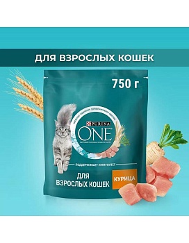 PURINA ONE сухой корм для взрослых кошек, с высоким содержанием курицы 750г купить  зоотовары для животных