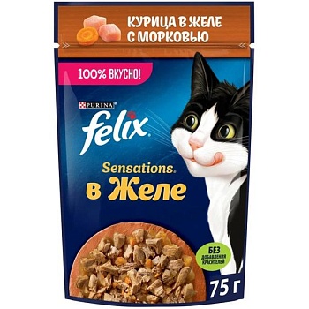 Felix Sensations пауч консервы для кошек, с курицей в желе с морковью 26х75г купить  зоотовары для животных