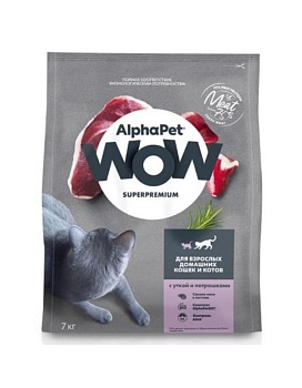 AlphaPet WOW SUPERPREMIUM сухой корм для взрослых домашних кошек и котов с уткой и потрошками 7кг купить  зоотовары для животных