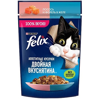 Felix пауч консервы для кошек аппетитные кусочки в желе двойная вкуснятина с лососем и форелью 26х75г купить  зоотовары для животных