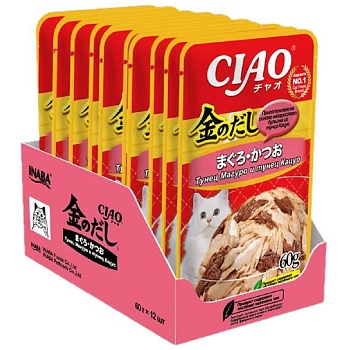 INABA Ciao Kinnodashi пауч для кошек тунец магуро и тунец кацуо в желе 12х60г купить  зоотовары для животных