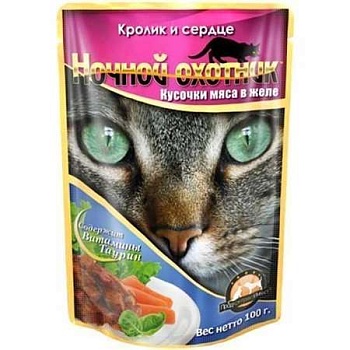 Ночной Охотник для Кошек Кролик и Сердце в Желе Пауч 24х100г купить  зоотовары для животных
