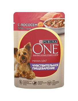 PURINA ONE МИНИ консервы для собак с чувствительным пищеварением Лосось Рис Морковь в подливе 26х85гр купить  зоотовары для животных