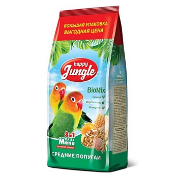 HAPPY JUNGLE Корм для средних попугаев 900гр купить  зоотовары для животных