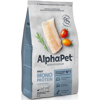 ALPHAPET SUPERPREMIUM MONOPROTEIN сухой корм для взрослых собак мелких пород из белой рыбы 3кг купить  зоотовары для животных