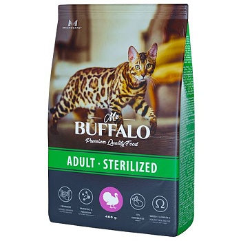 Mr.Buffalo STERILIZED сухой корм для стерилизованных кошек с индейкой 400г купить  зоотовары для животных