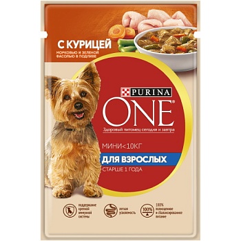 PURINA ONE МИНИ Актив консервы для собак, с курицей, морковью и зеленой фасолью в подливе 26х85гр купить  зоотовары для животных