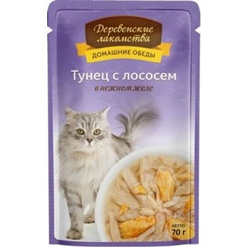 ДЕРЕВЕНСКИЕ ЛАКОМСТВА консервы для кошек Тунец с лососем в нежном желе 12х70гр купить  зоотовары для животных