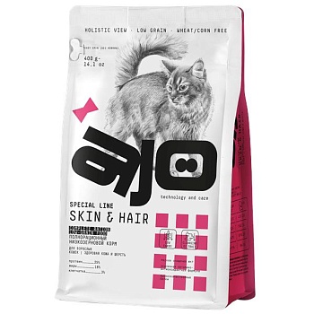 AJO Cat Skin & Hair Сухой полнорационный корм для кошек здоровая кожа и красивая шерсть 400г купить 