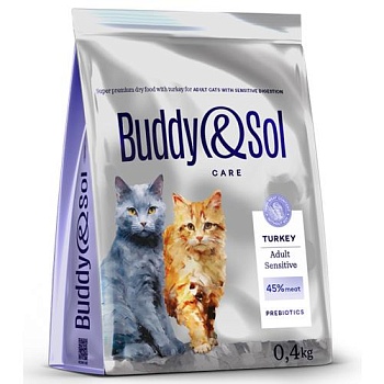 BUDDY SOL CARE ADULT SENSITIVE сухой корм для взрослых кошек с чувствительным пищеварением с индейкой 400г купить 