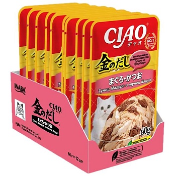 INABA Ciao Kinnodashi пауч для кошек тунец магуро и тунец кацуо в желе 12х60г купить 