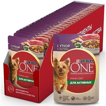 PURINA ONE МИНИ Актив консервы для собак, с уткой, пастой и зеленая фасолью в подливе 26х85гр купить 