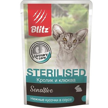 BLITZ Sensitive для стерил.кошек Кролик и клюква кусочки в соусе пауч 24х85гр купить 