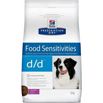 Hills сухой для собак D/D Утка/рис полноценный диетический рацион при пищевых аллергиях 12кг купить 