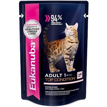 EUKANUBA ADULT TOP CONDITION SALMON пауч влажный корм для взрослых кошек, лосось в соусе 24х85г купить 