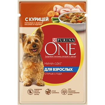 PURINA ONE МИНИ Актив консервы для собак, с курицей, морковью и зеленой фасолью в подливе 26х85гр купить 