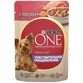 PURINA ONE МИНИ консервы для собак с чувствительным пищеварением Лосось Рис Морковь в подливе 26х85гр купить 